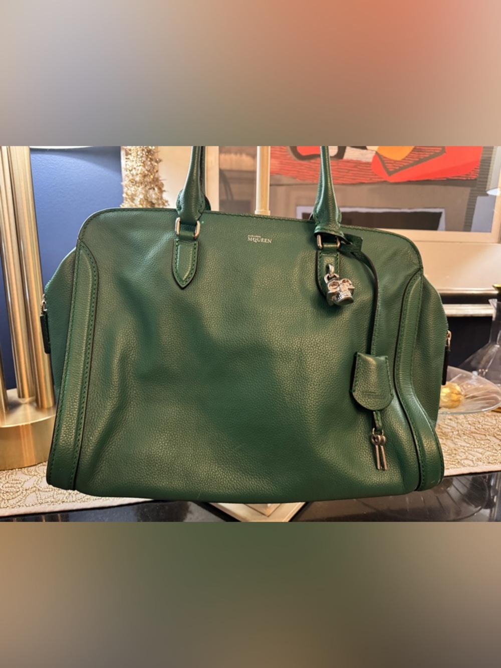 Alexander McQueen Dark Green Pebbled Leather Tote with Skull Charm